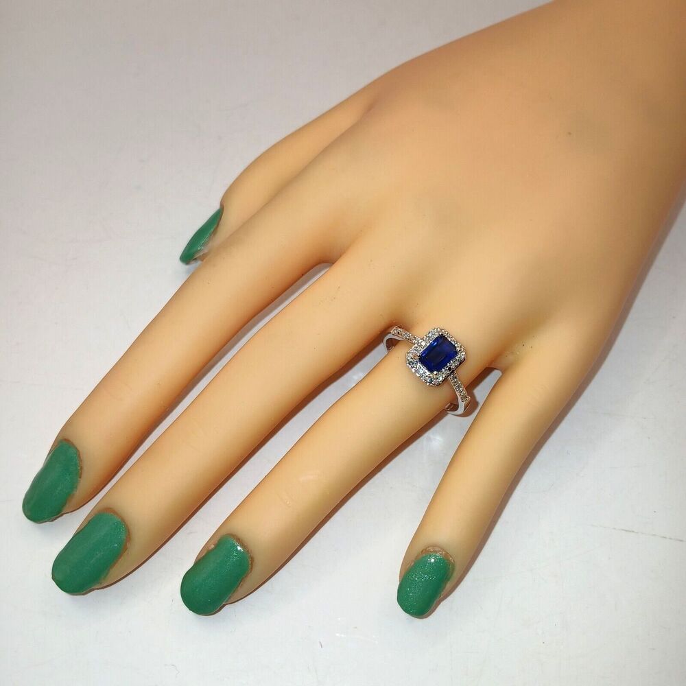 Blue Stone Ring Faux Sapphire Emerald Cut In Silver Tone Metal Sz 9.75 Signed CN